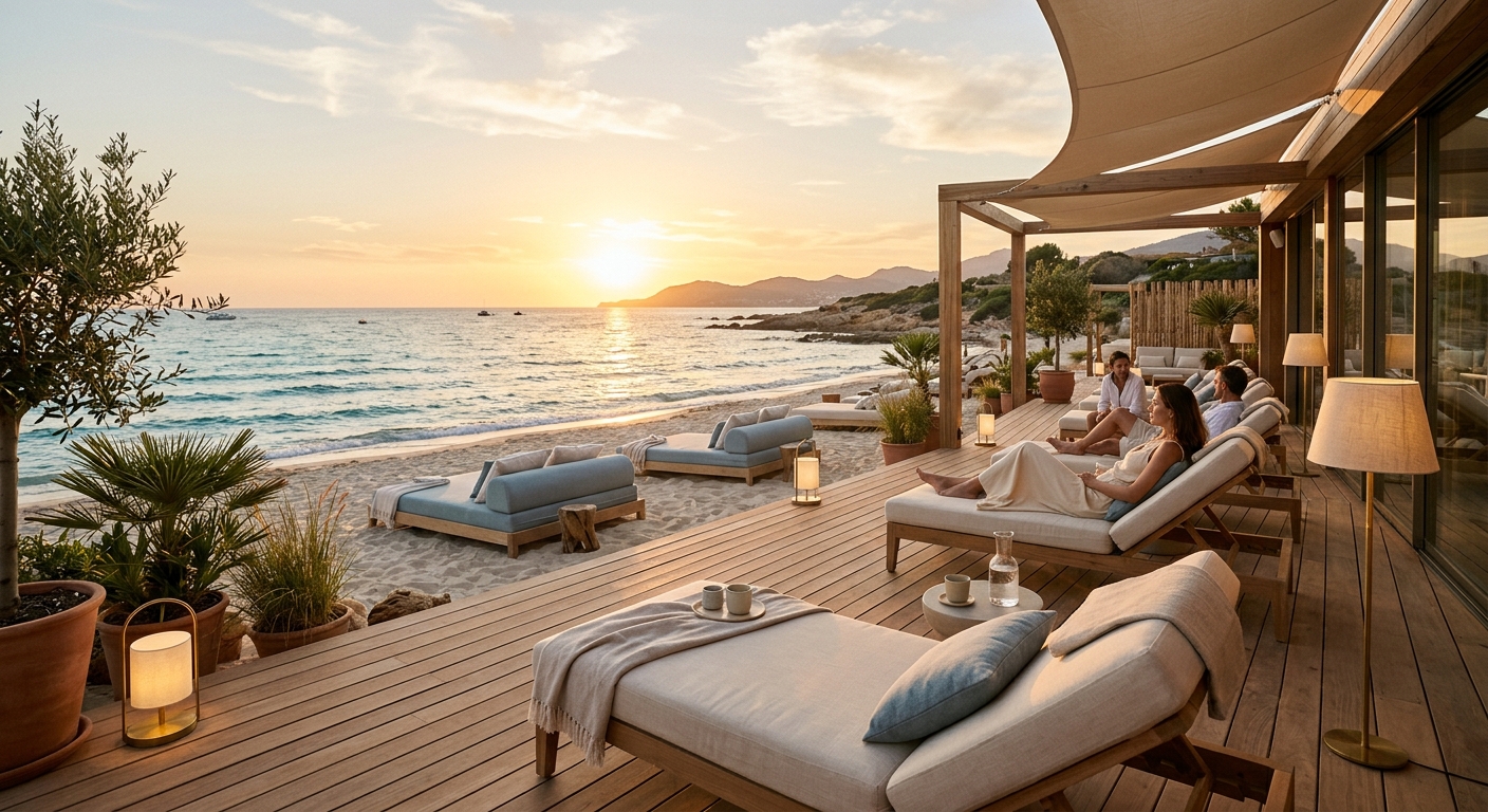Manna Beach elegant coastal wellness lounge with sea views at Cap d
