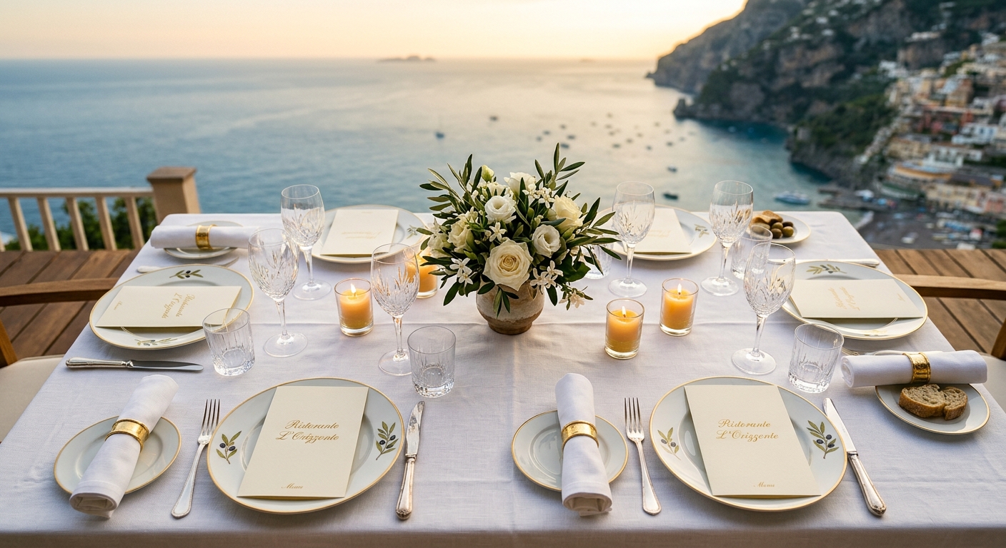 Bottega Tre restaurant elegant Mediterranean fine dining table setting with coastal sea view
