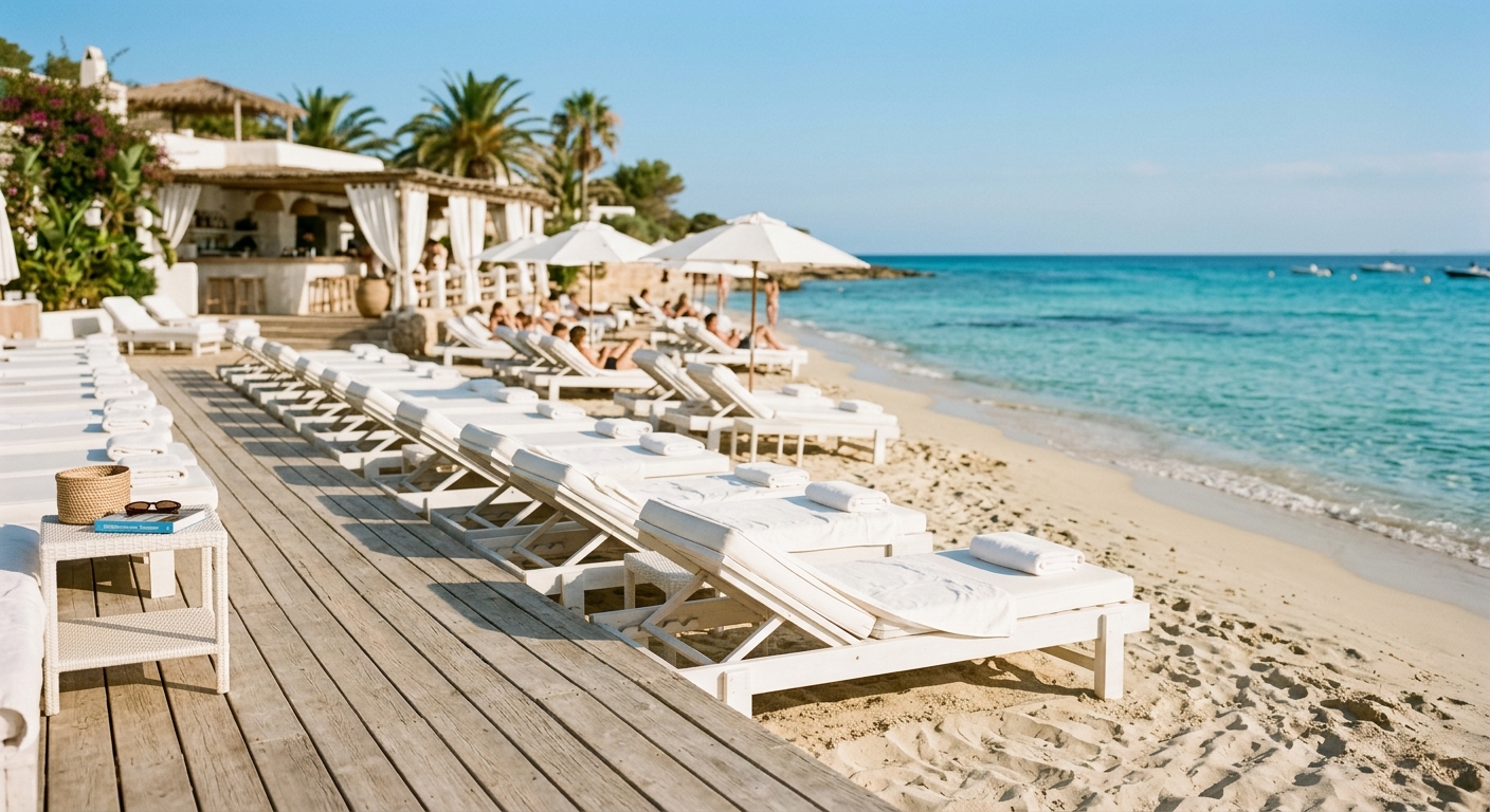 Paralia Plage beach club with elegant loungers and turquoise Mediterranean sea at Cap d