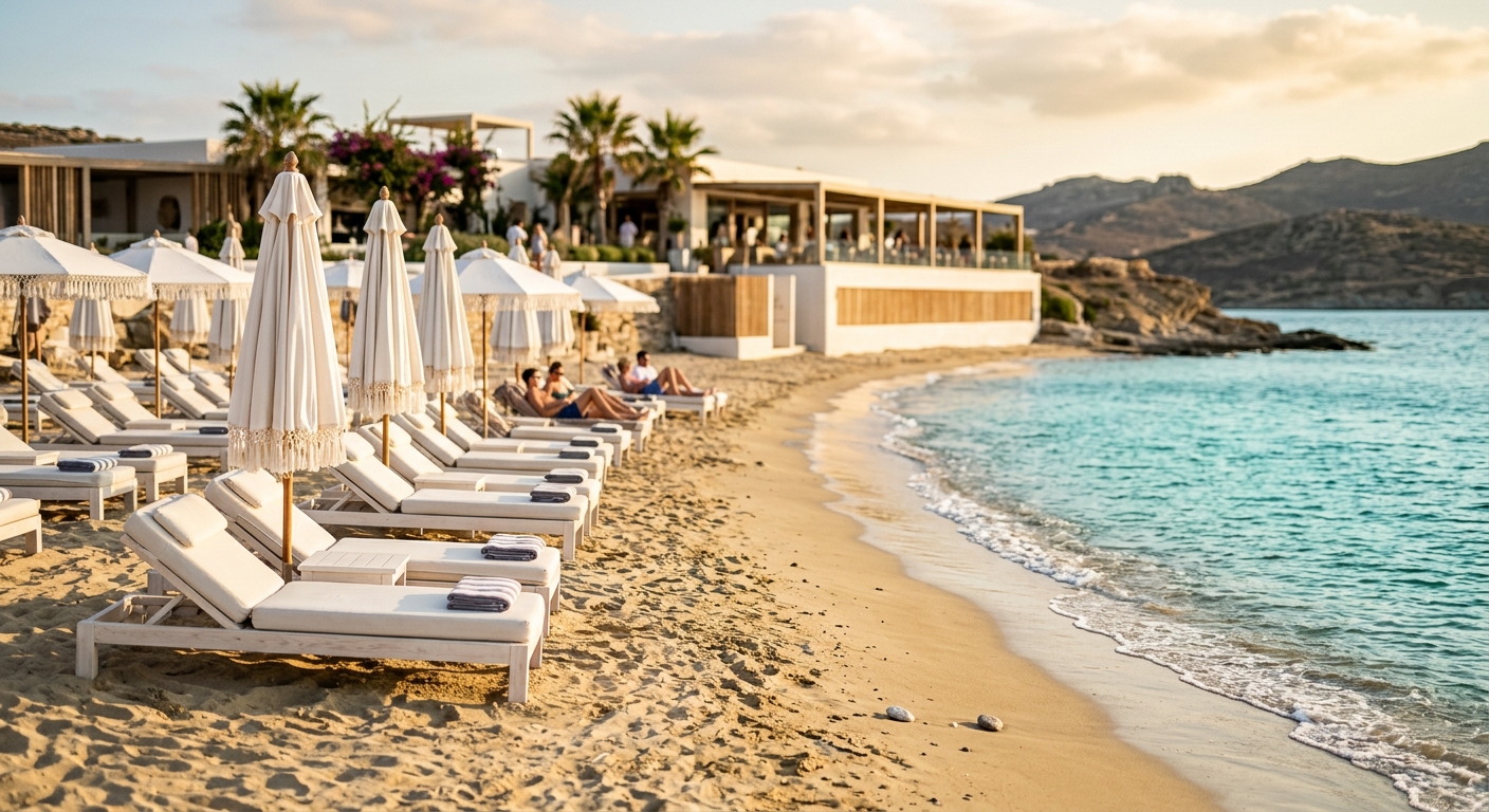 Paralia Le Sun Beach luxury beachfront setting with golden sand and turquoise Mediterranean sea at Cap d