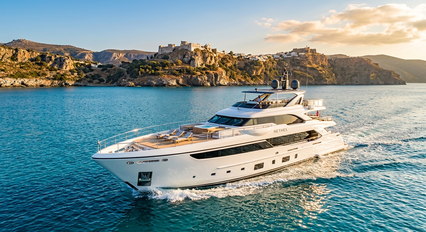 Luxury yacht charter in Bodrum sailing the turquoise Aegean waters near the castle