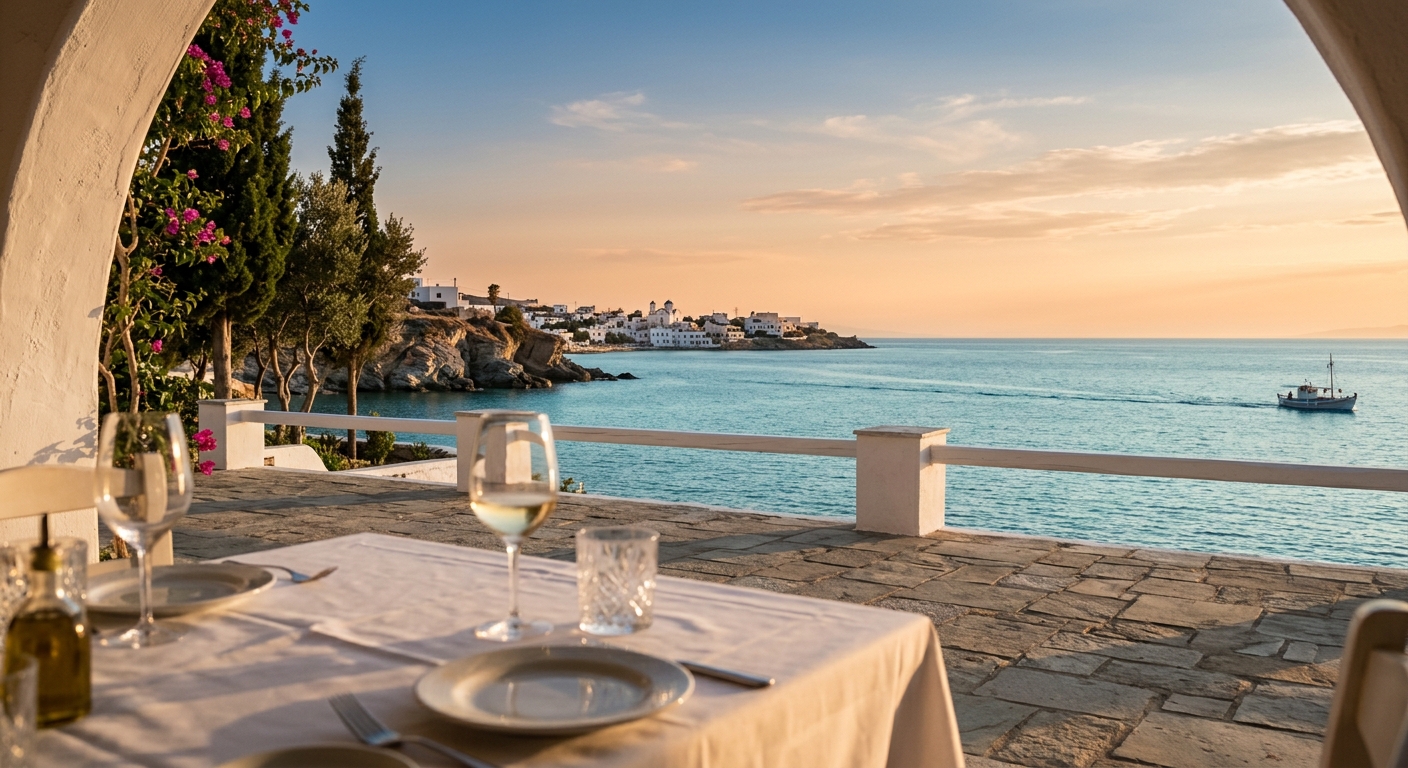Limon Gümüşlük waterfront fine dining terrace with Aegean sea view at sunset