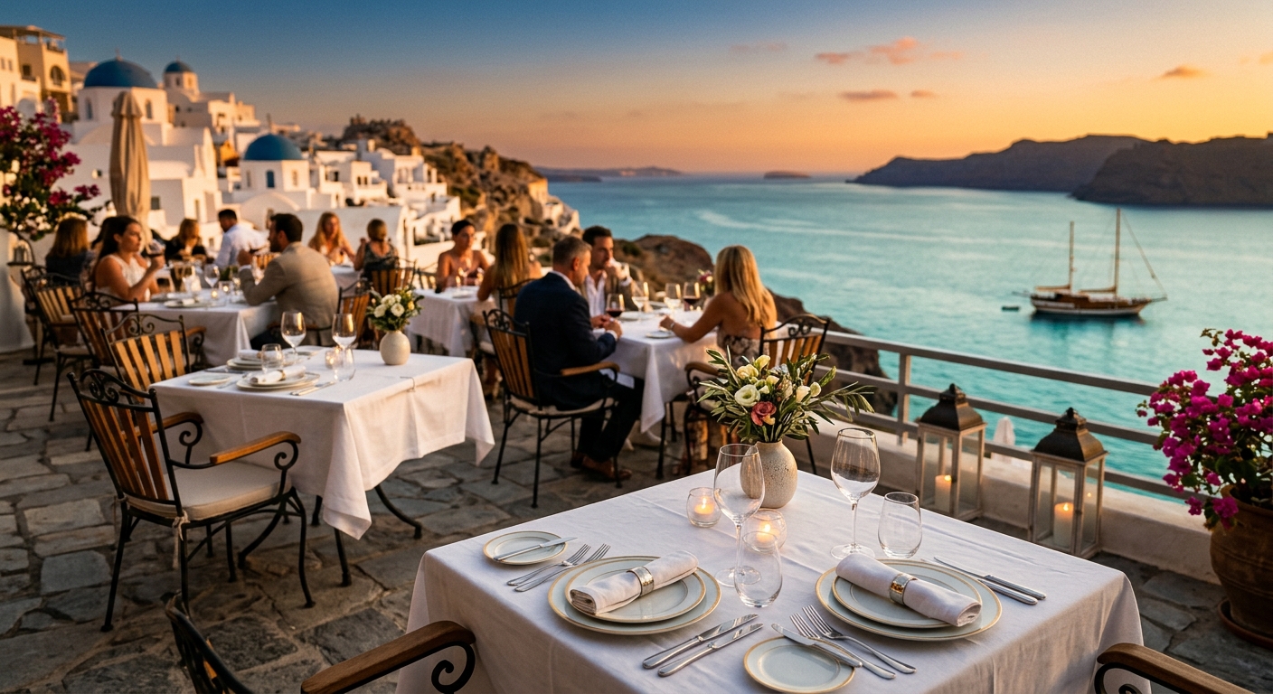 Körfez restaurant seaside terrace at sunset in Gümüşlük with elegantly set tables overlooking the Aegean Sea