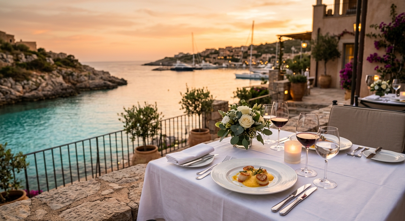 Siesta restaurant waterfront terrace in Gümüşlük with Mediterranean fine dining table setting at sunset