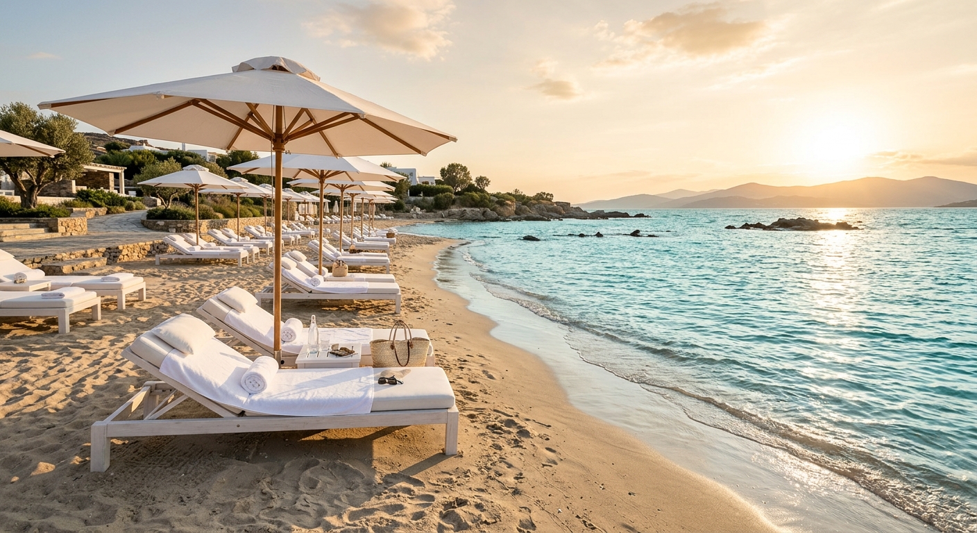 Luxury Beach Club Gümüşlük shoreline with turquoise Aegean water and elegant sunbeds