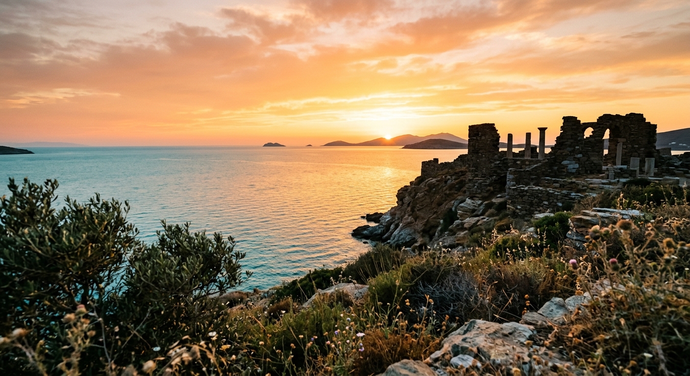 Best sunset spots in Gümüşlük with golden light over the Aegean Sea and ancient ruins