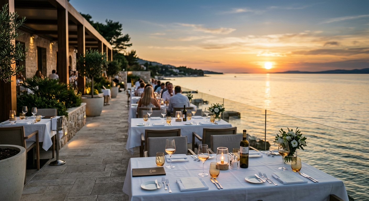 Zena Seaside Restaurant Durrës terrace overlooking the Adriatic at sunset with elegant table settings