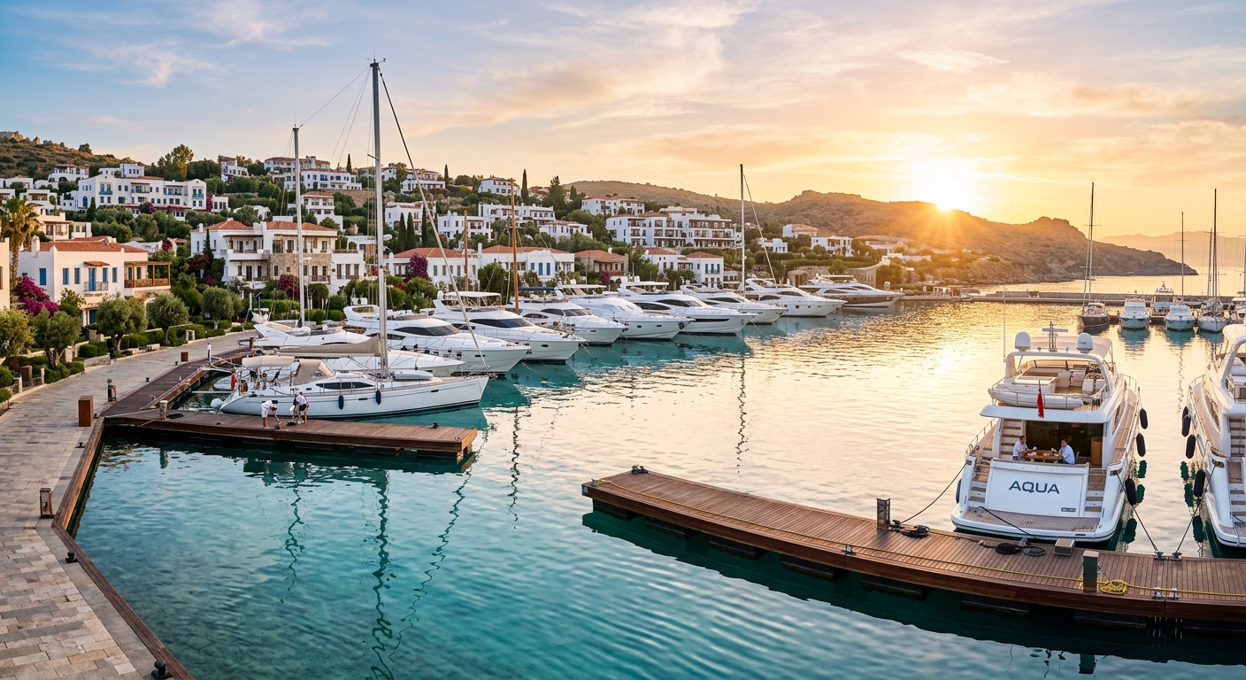 Luxury yachts at sunrise in Yalıkavak marina with turquoise Aegean water and white buildings