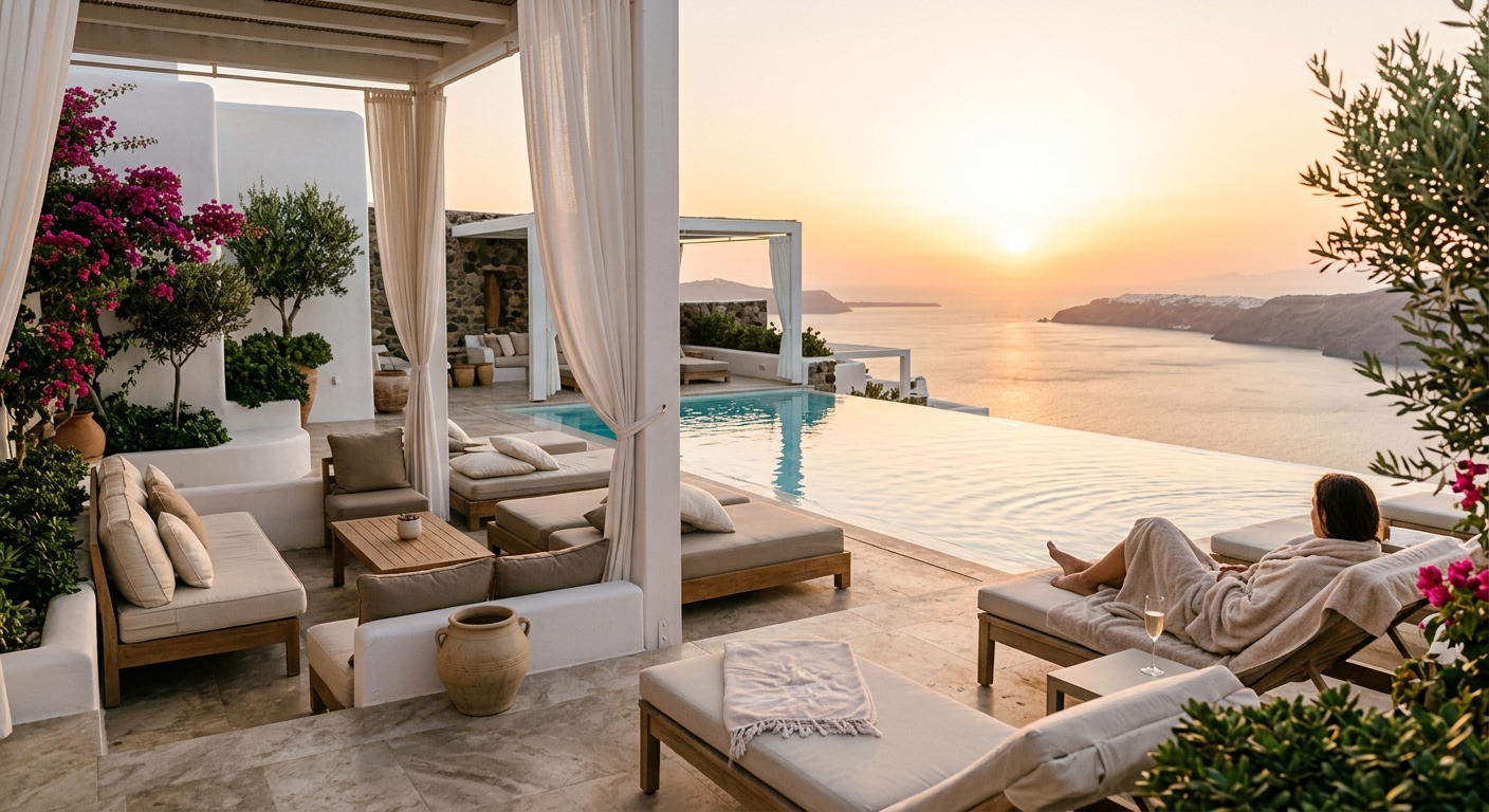 Nobu Ibiza Bay Wellness spa terrace overlooking the Mediterranean sea at golden hour