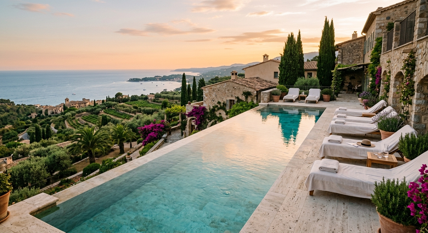 Atzaró Spa Ibiza outdoor infinity pool surrounded by Mediterranean garden and stone finca estate