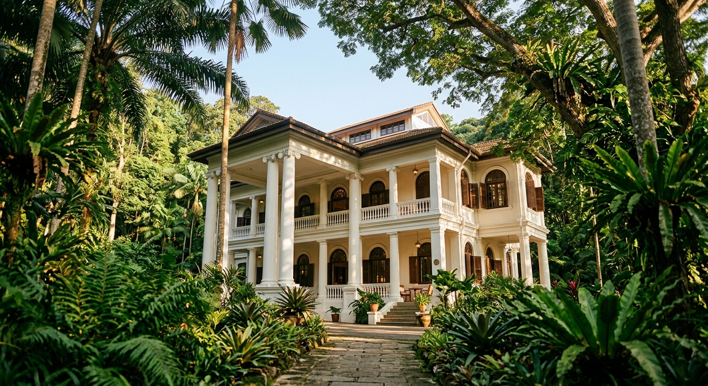 Capella Singapore colonial facade surrounded by tropical rainforest on Sentosa Island
