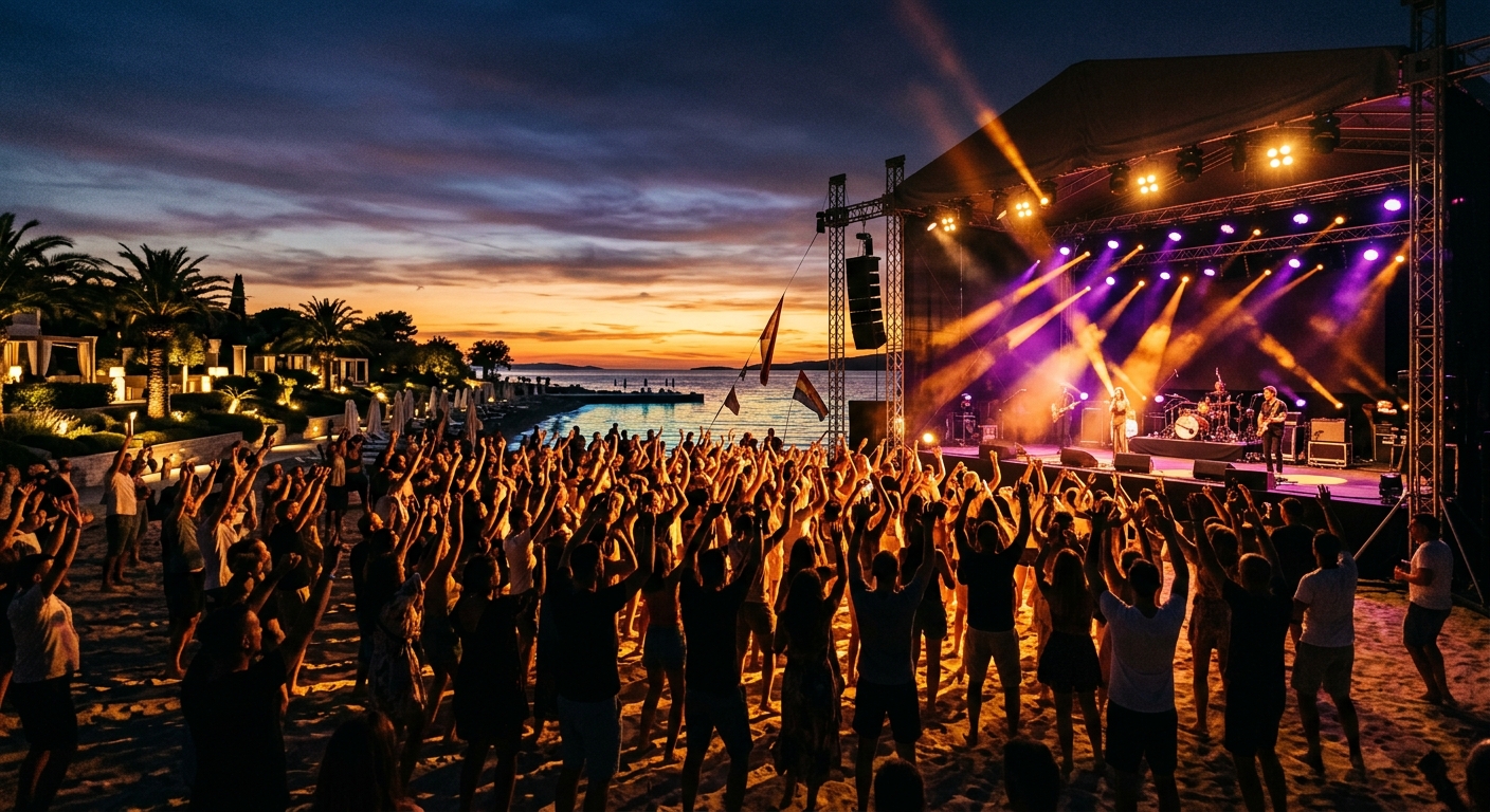 Defected Croatia 2026 One Last Dance sunset crowd dancing at The Garden Resort beach stage in Tisno