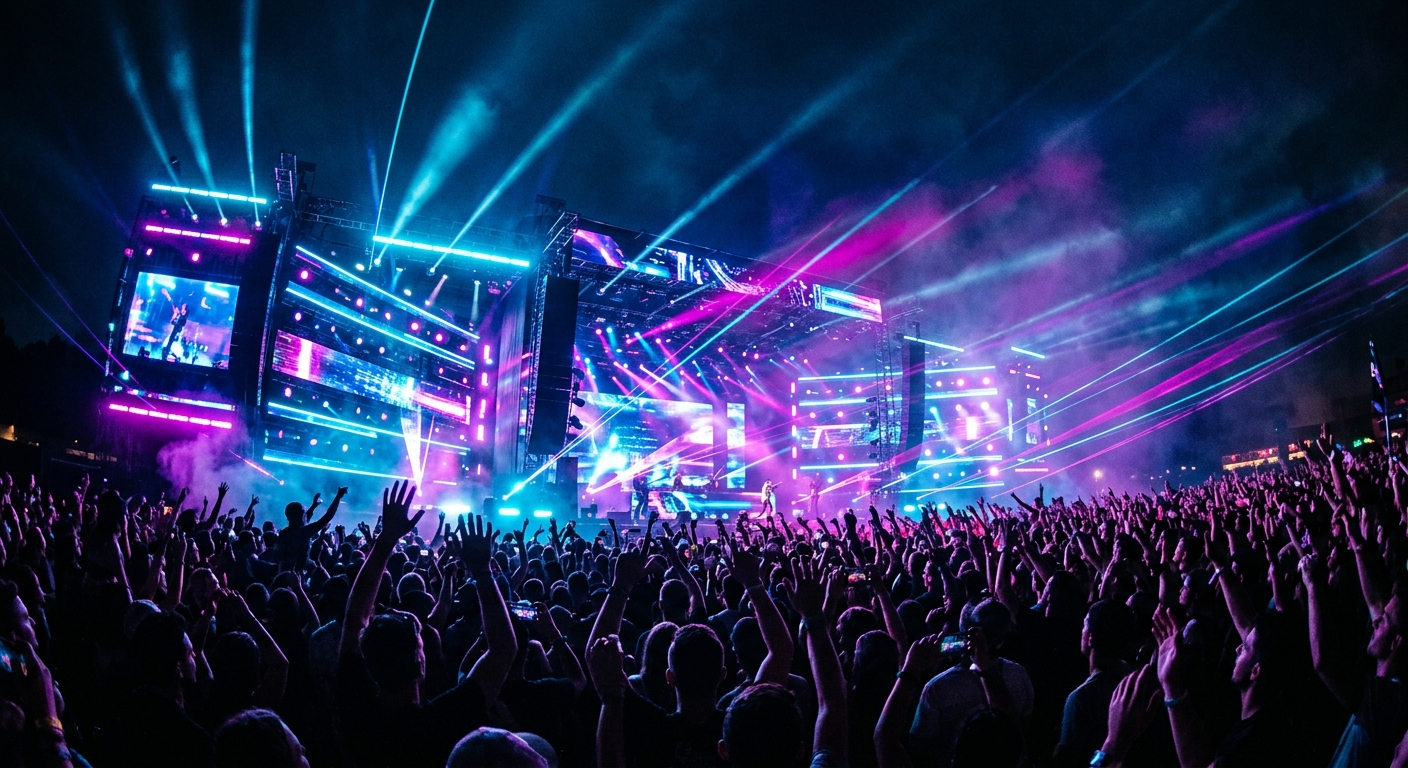 Parookaville 2026 festival main stage at night with massive LED light show and crowd
