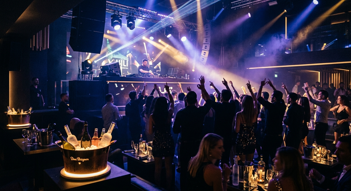 528 Ibiza experience at night with DJ stage and luxury crowd