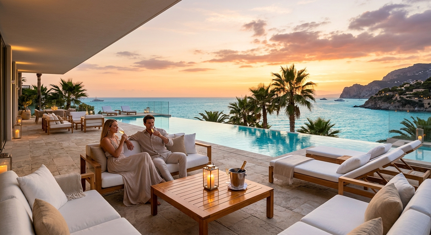O Beach Ibiza luxury pool terrace with Mediterranean sea view at sunset