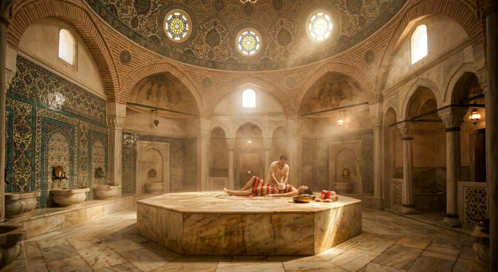 Traditional Turkish hammam in Gümüşlük marble interior with warm steam and göbektaşı central slab