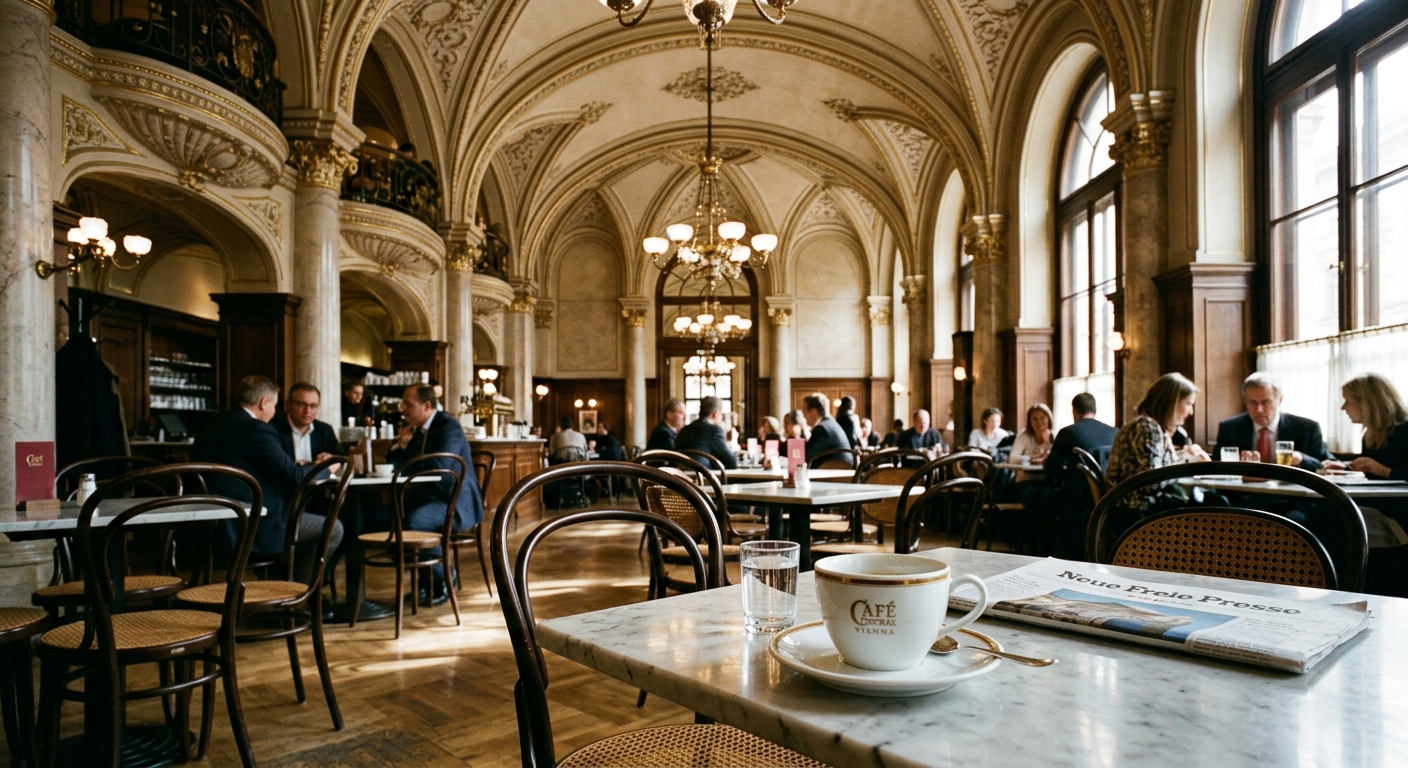 Ornate interior of Vienna historic coffeehouses with marble tables and arched ceilings
