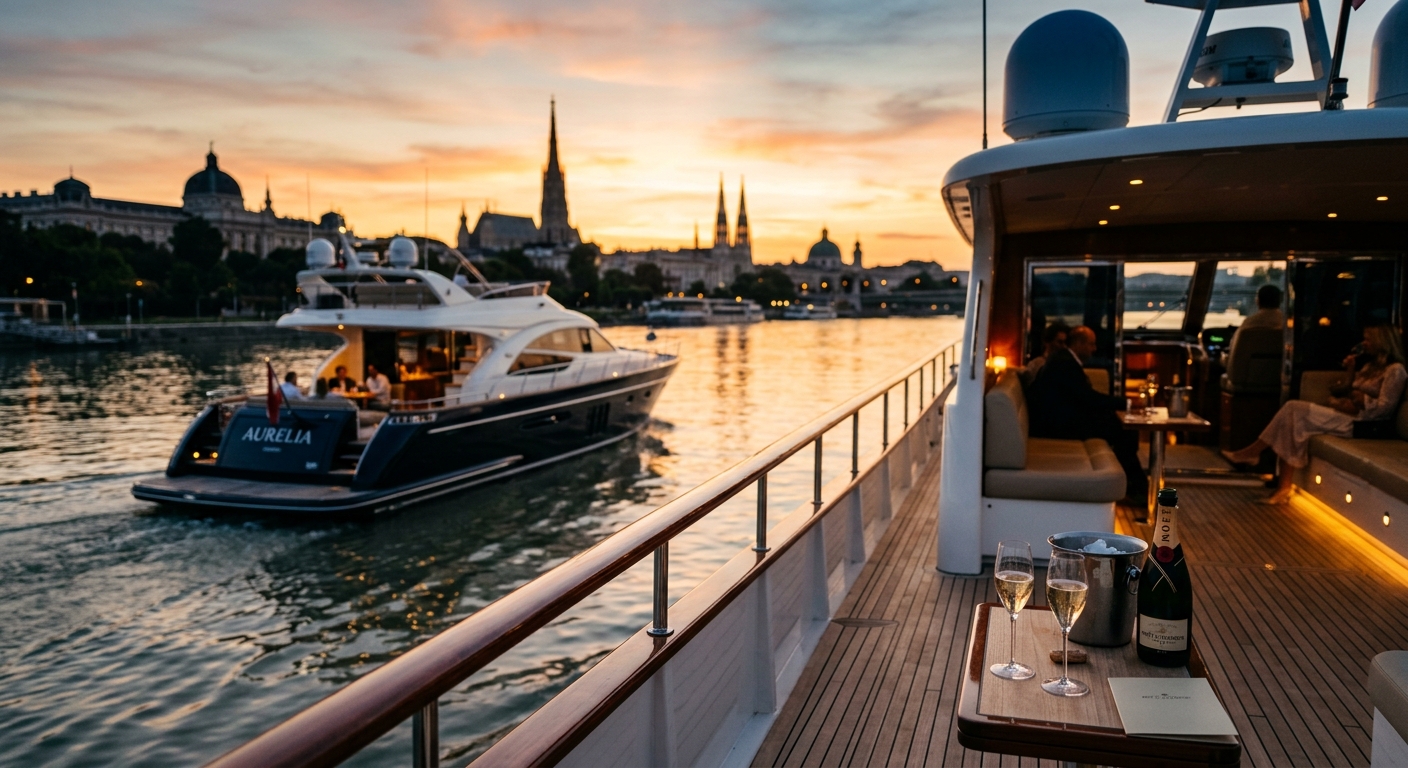 Private boat trip on the Vienna Danube with city skyline in the background