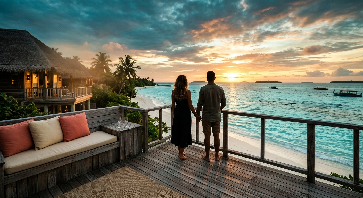 Couple enjoying a Thailand luxury romantic getaway at a private beachfront villa with turquoise water and golden sunset