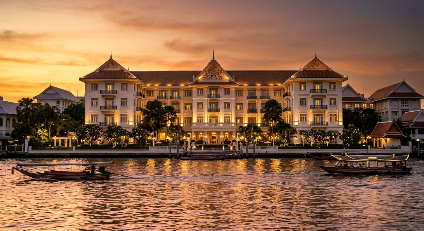 Mandarin Oriental Bangkok riverfront facade at sunset with Chao Phraya River in the foreground